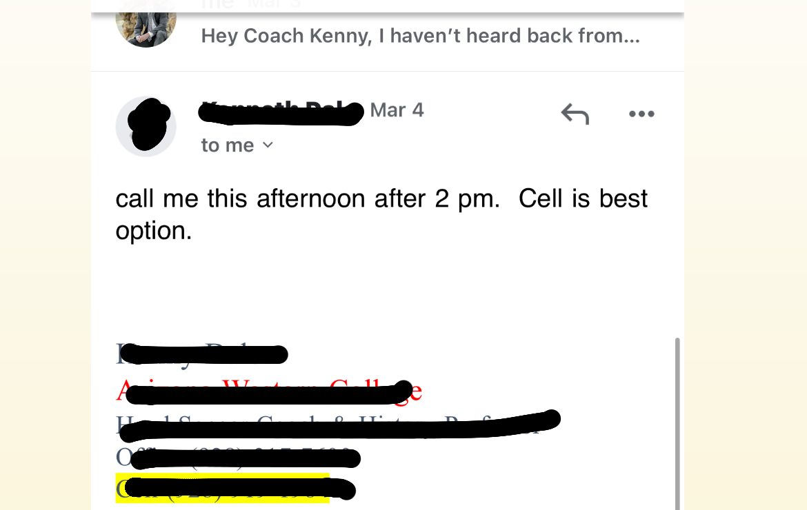 College coach reply asking the player to call him that afternoon