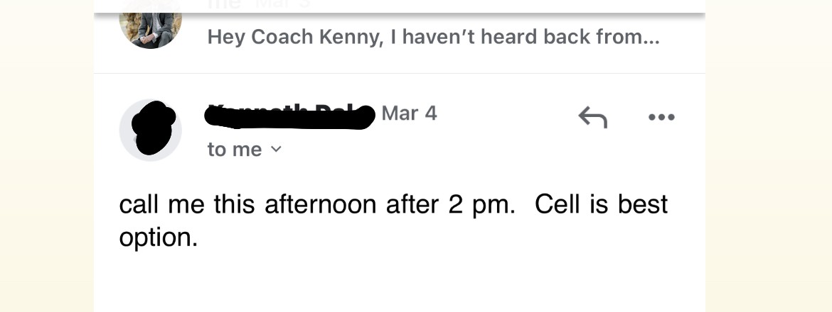 College coach reply asking the player to call him that afternoon