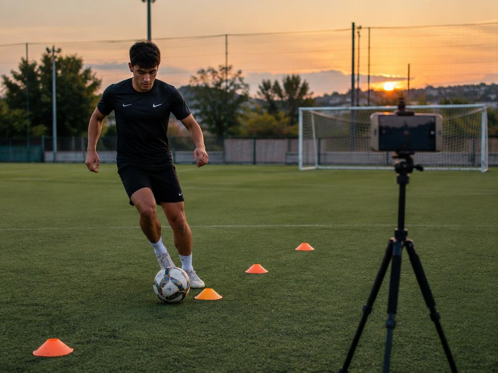 Soccer player practicing a cone dribbling drill