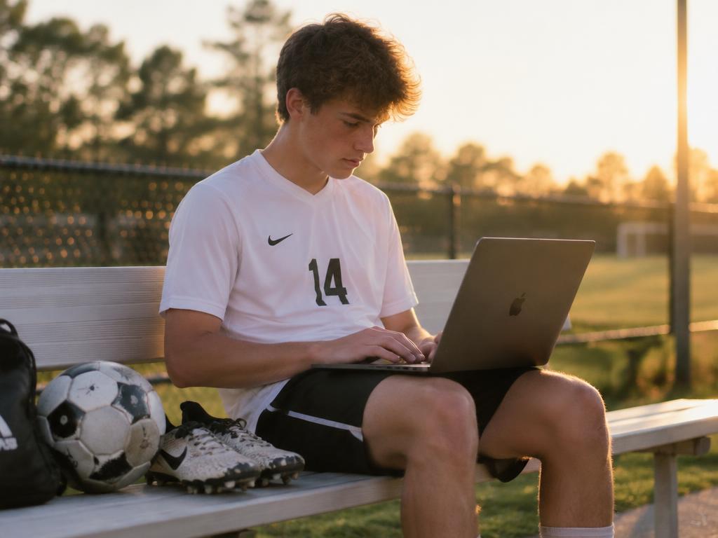 Soccer player emailing college coaches from a laptop