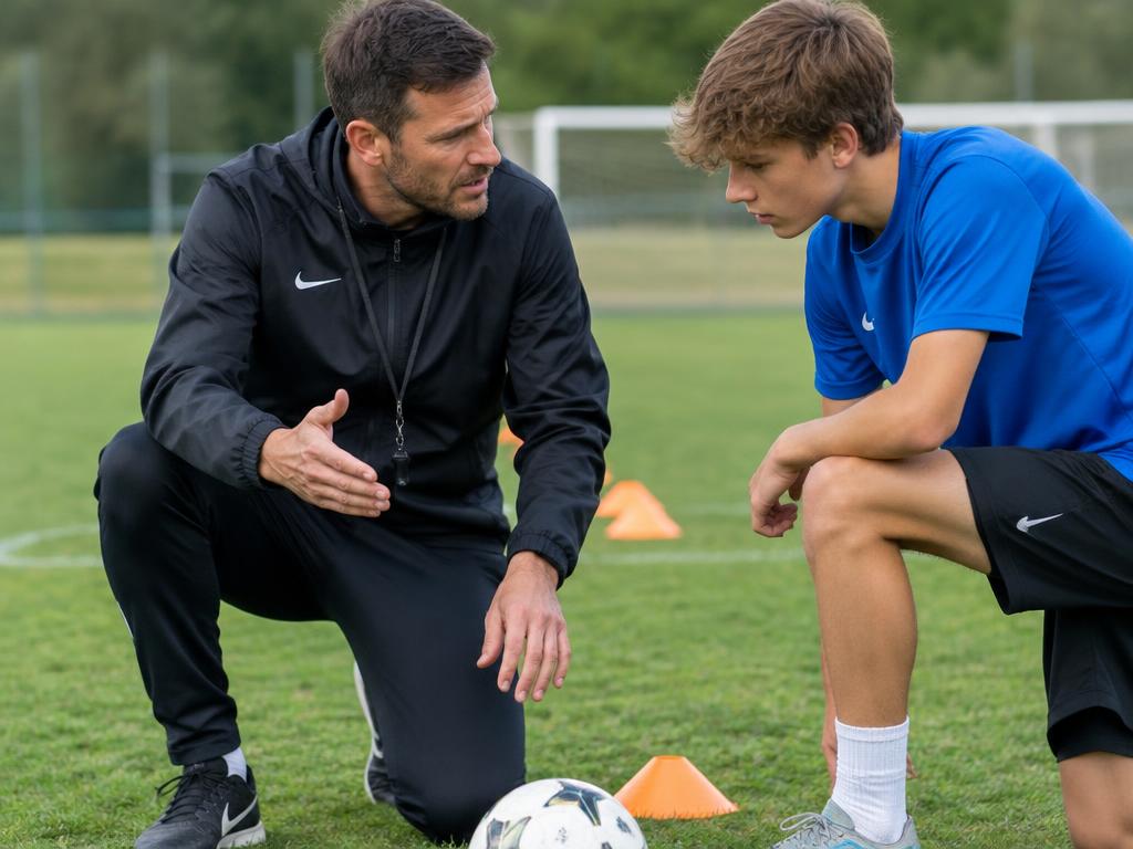 Coach giving one-on-one soccer instruction to a teenage player
